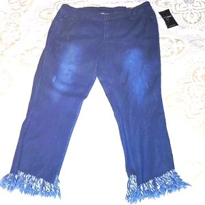 Slim-sation Stretch Dark Blue Jeans Cropped Ankle Fringe High Rise 18 Plus NWT
